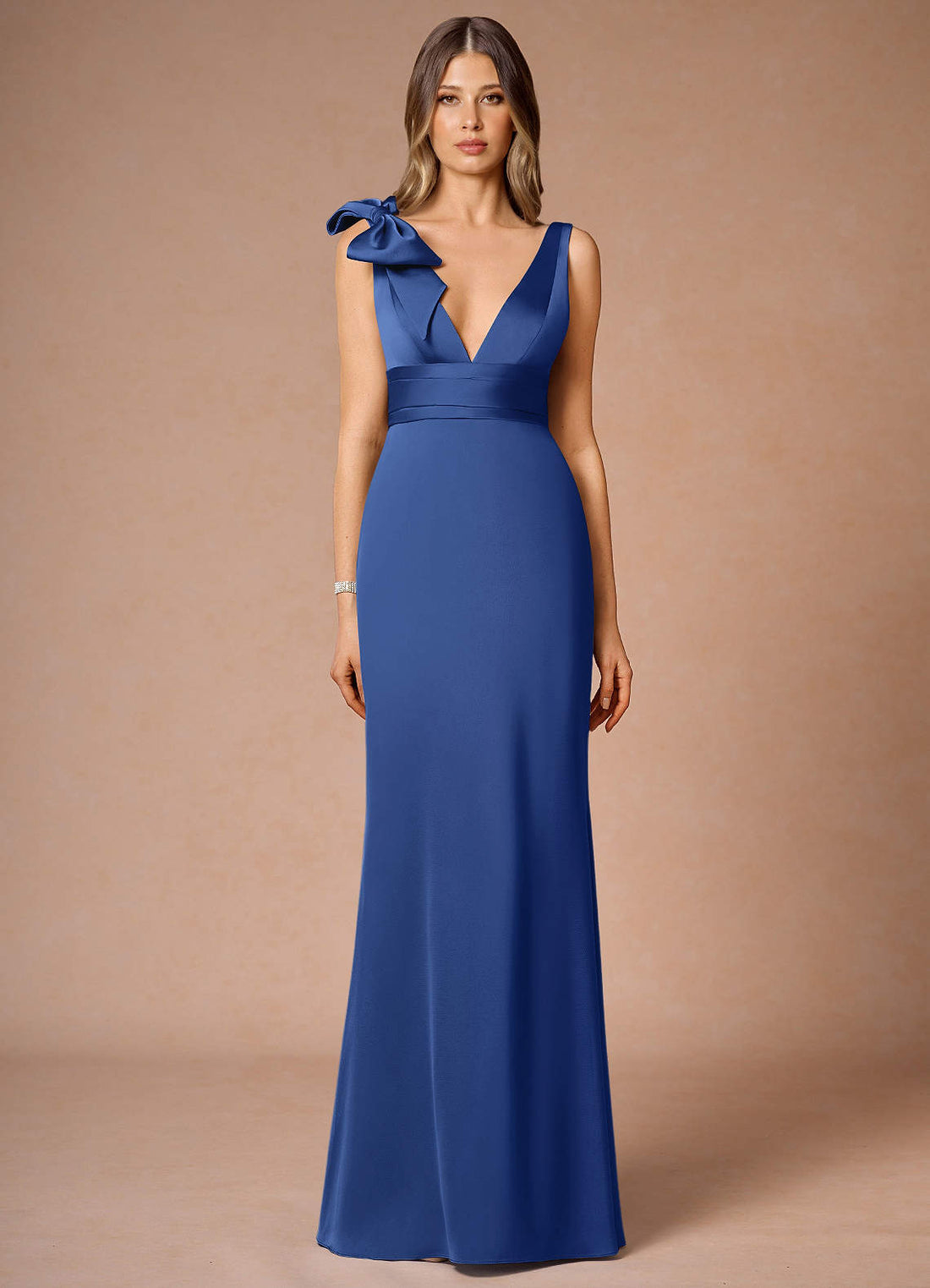 Parisa Column V-Neck Stretch Satin Evening Dress in Royal Blue