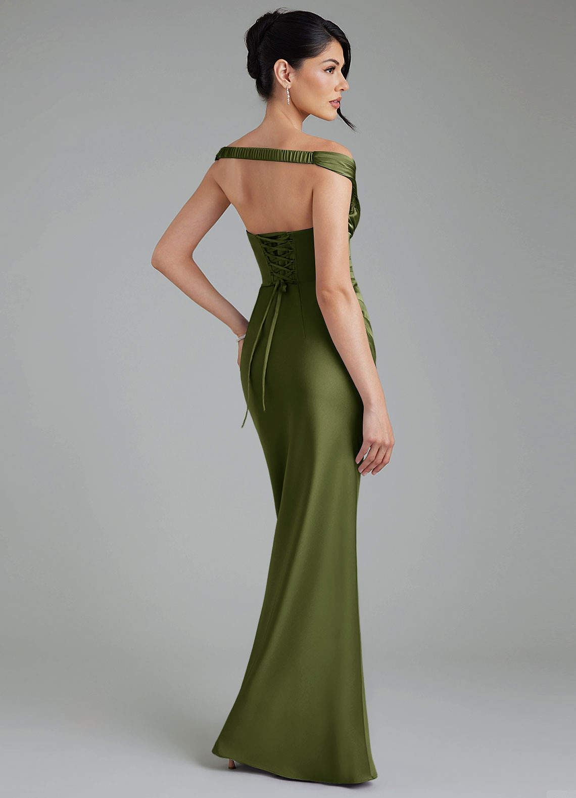 Stella Sheath V-Neck Stretch Satin Bridesmaid Dress in Olive