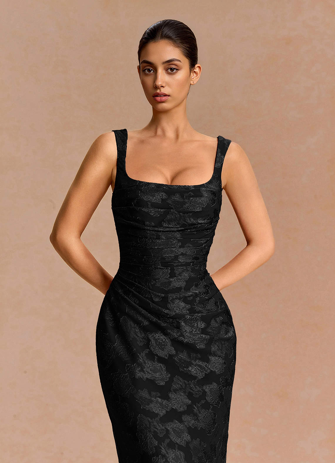 Agustina Square-Neck Pleated Fil Coupé Evening Dress in Black