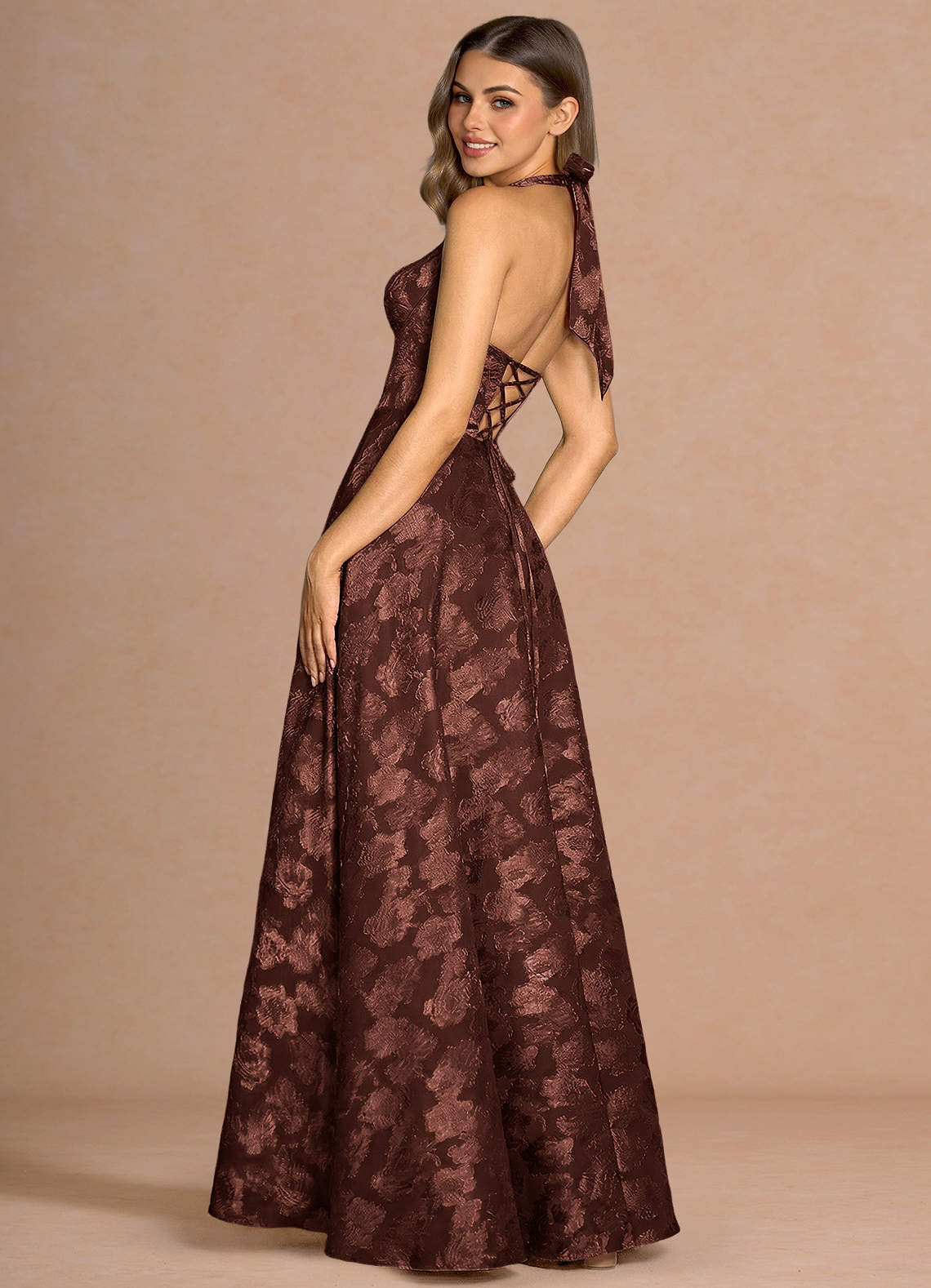 Isabeau A-Line V-Neck Fil Coupé Evening Dress in Mocha Coco