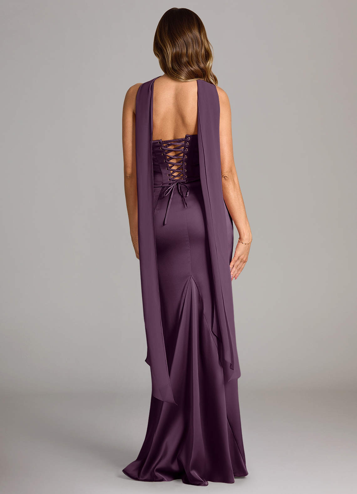 Sorrel Mermaid Cowl-Neck Stretch Satin and Chiffon Bridesmaid Dress in Plum