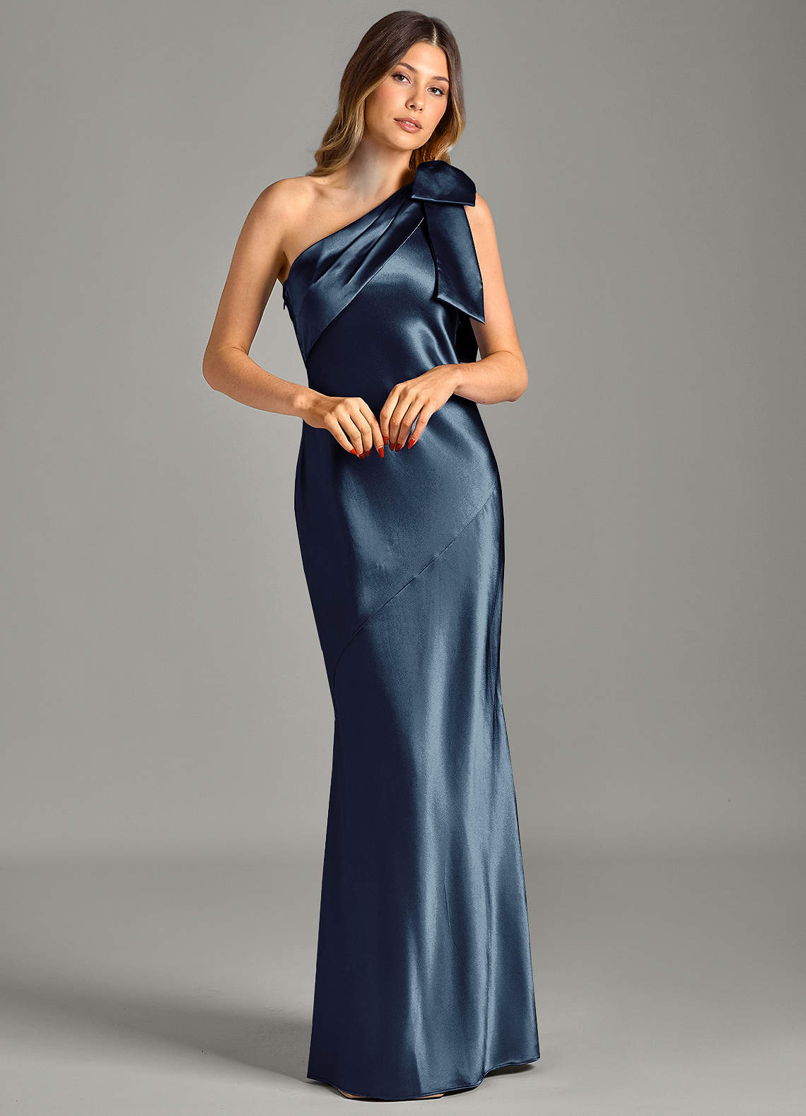 Yuanna Mermaid One-Shoulder Metallic Satin Bridesmaid Dress in Dark Navy
