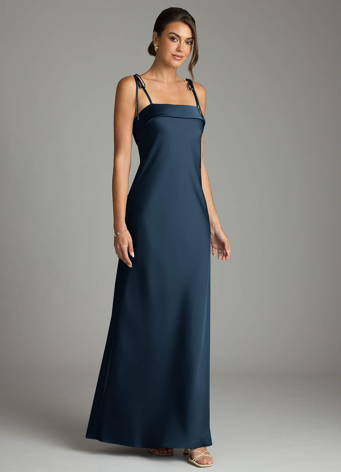 Ellia Sheath Straight-Neck Stretch Satin Bridesmaid Dress in Dark Navy
