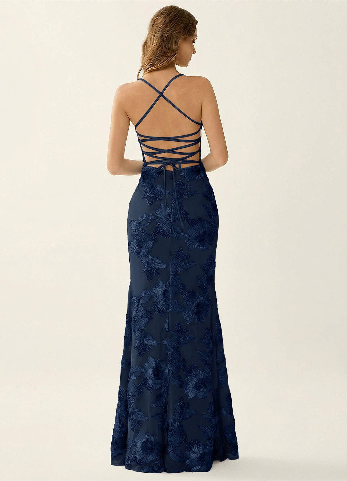 Kailani Mermaid Spaghetti-Strap Lace Evening Dress in Navy Blue