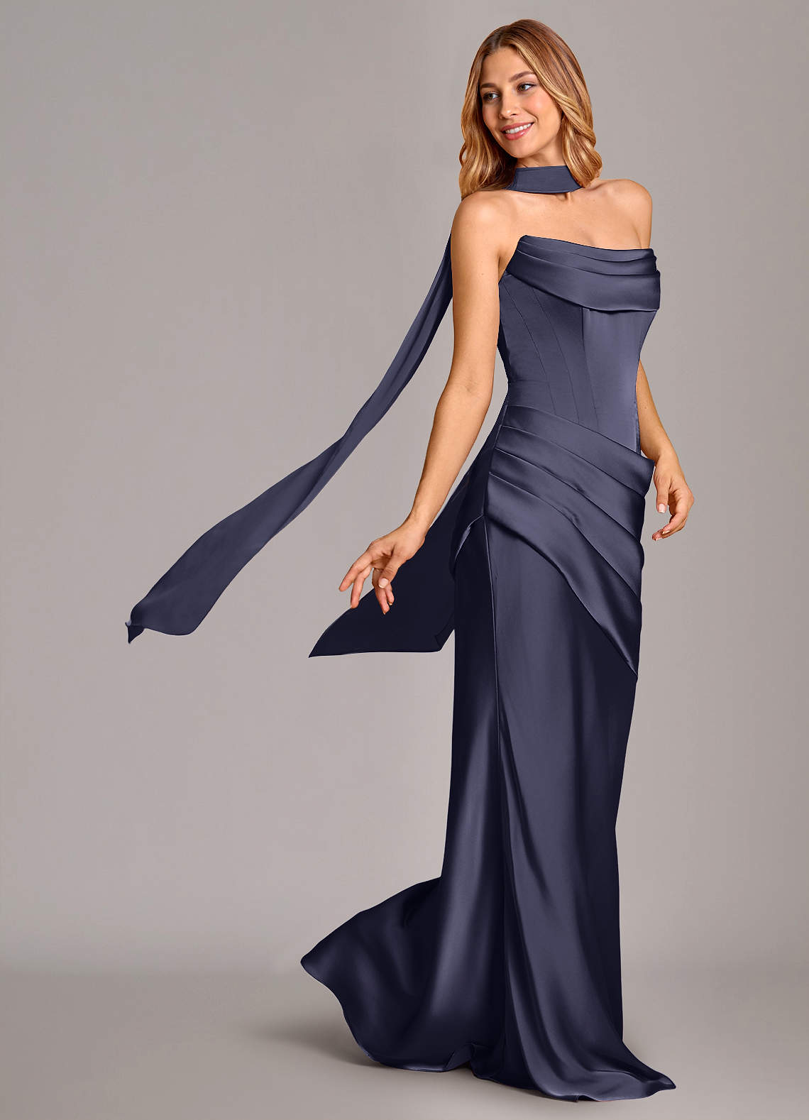 Pelagia Mermaid Cowl-Neck Stretch Satin Bridesmaid Dress in Stormy