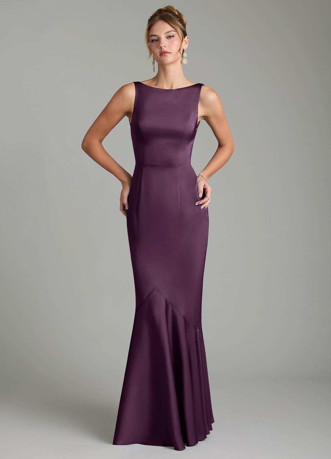 Tamera Mermaid Boat-Neck Stretch Satin and Chiffon Bridesmaid Dress in Plum