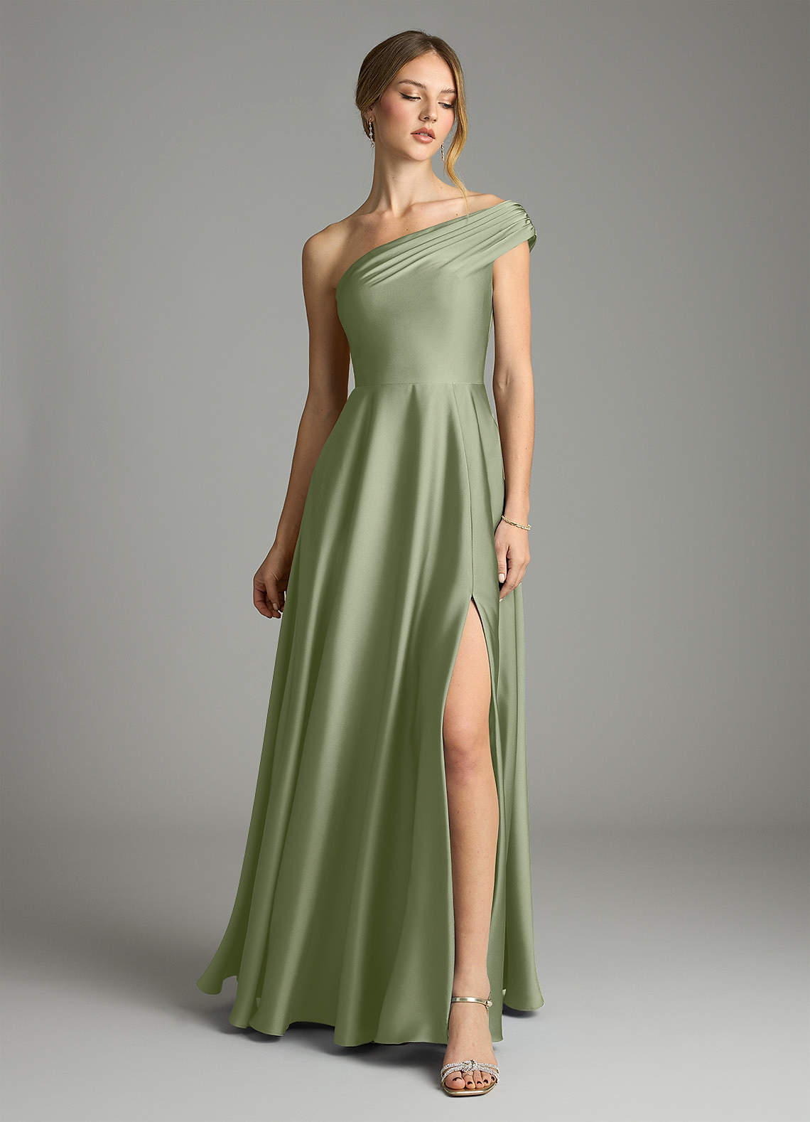Melanie A-Line One-Shoulder Stretch Satin Bridesmaid Dress in Pistachio