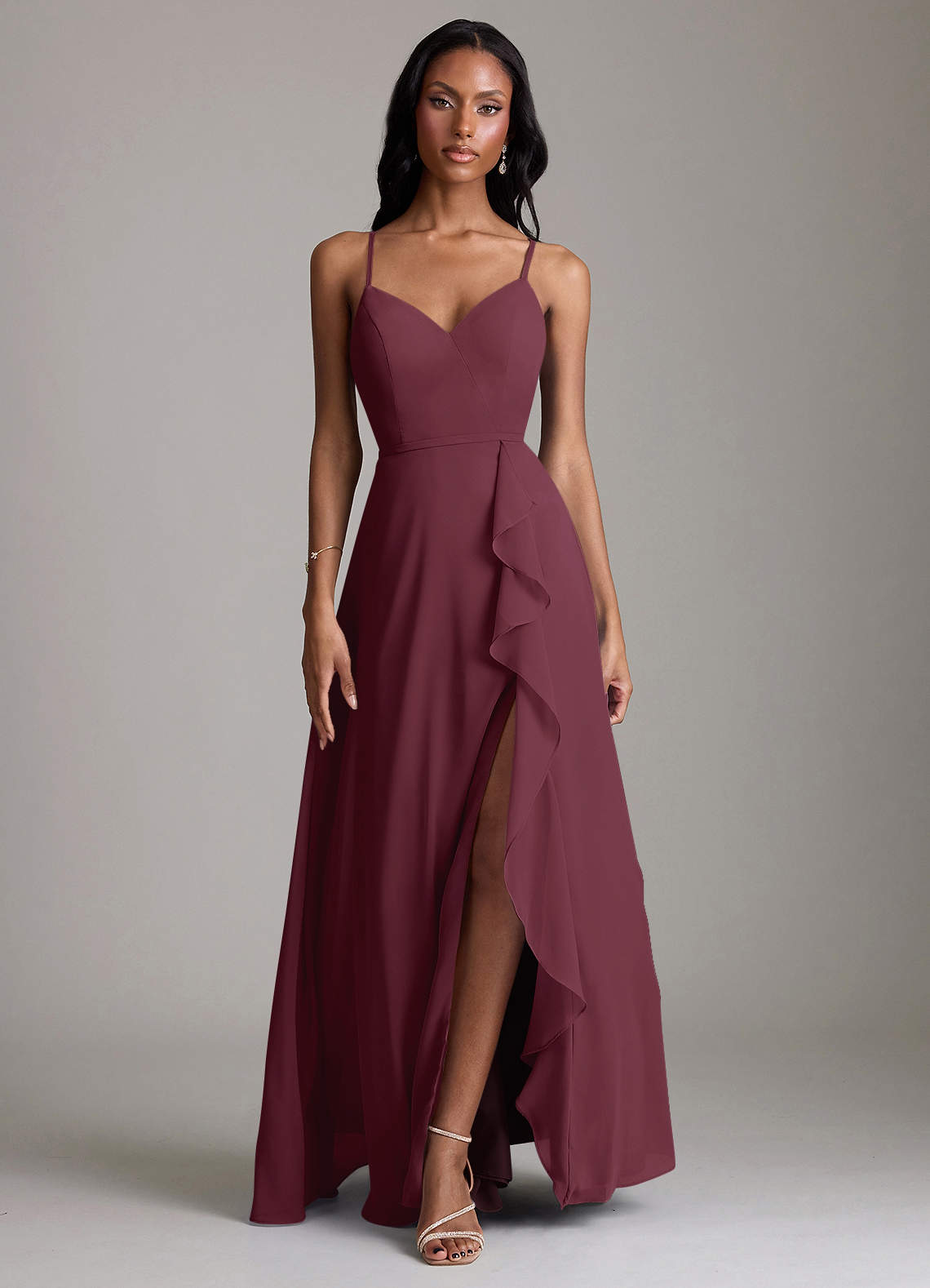 Naeem A-Line V-Neck Chiffon Bridesmaid Dress in Cabernet