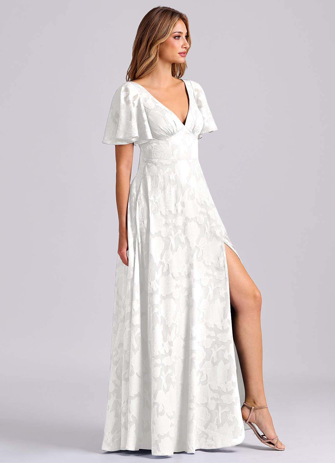 Kimber A-Line V-Neck Floral Burnout Bridesmaid Dress in white