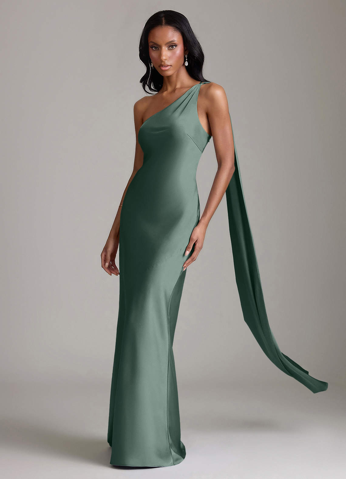 Juniper Mermaid One-Shoulder Stretch Satin Bridesmaid Dress in Sea Moss