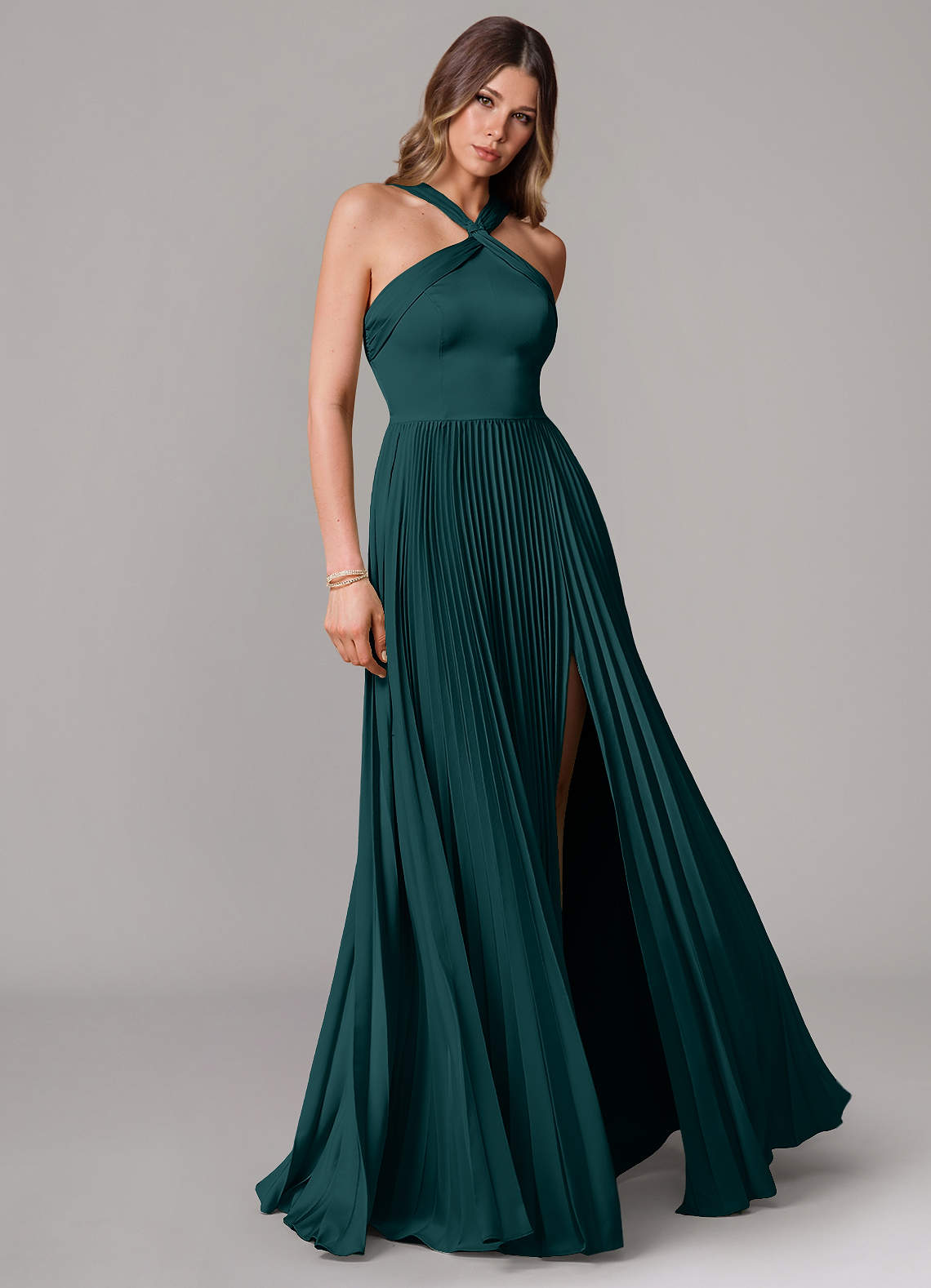 Afra A-Line Halter-Neck Stretch Satin Bridesmaid Dress in Pine
