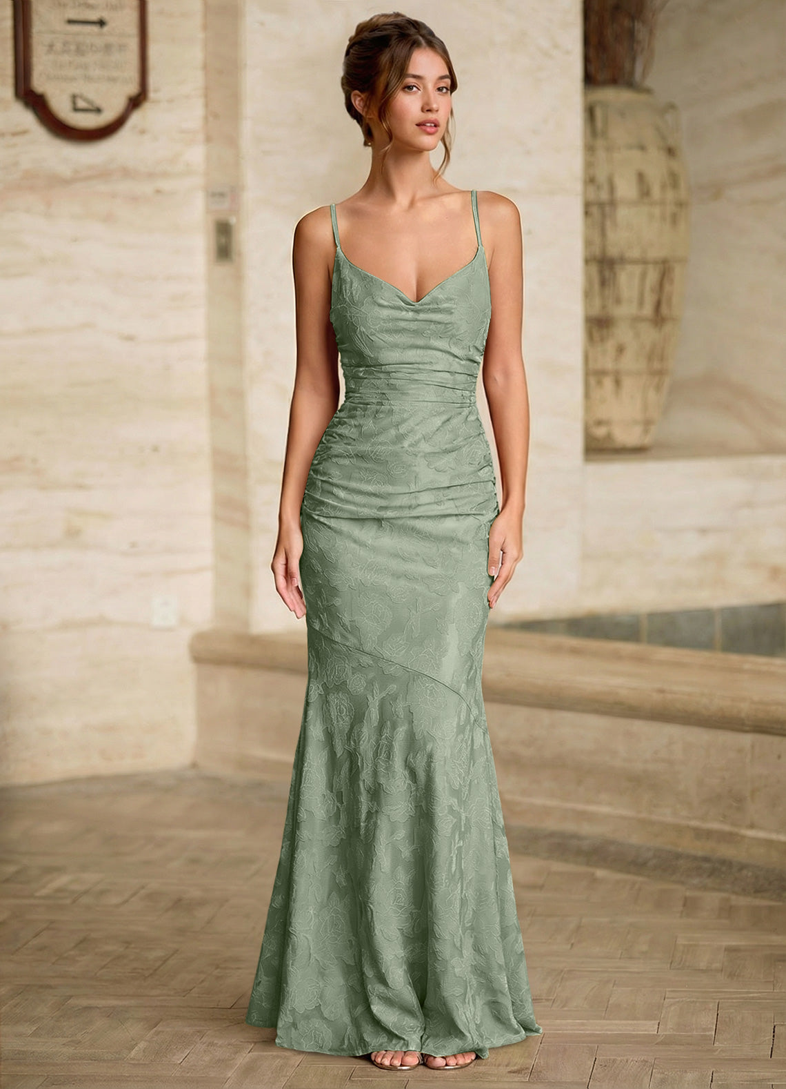 Leahenmo Mermaid Cowl-Neck Floral Burnout Prom Dress in Pistachio