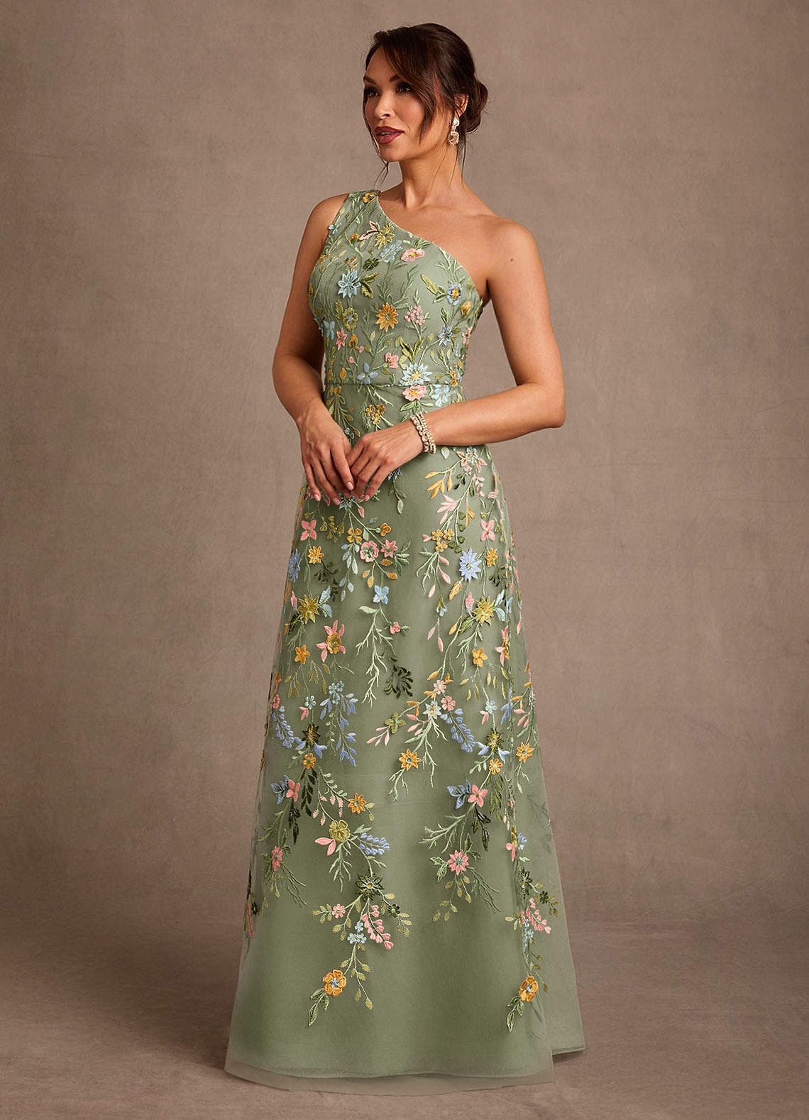 Bertie A-Line One-Shoulder Lace Mother of the Bride Dress in Pistachio