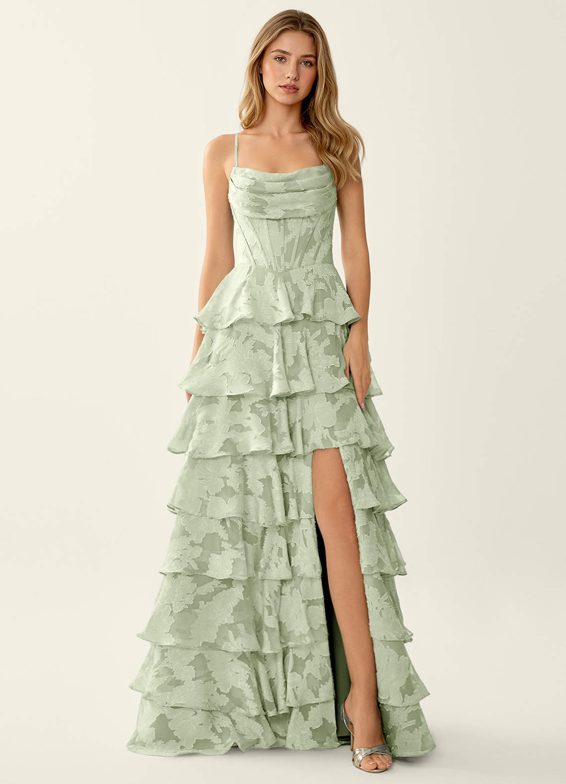 Wrenana A-Line Cowl-Neck Floral Burnout Evening Dress in Dark Green