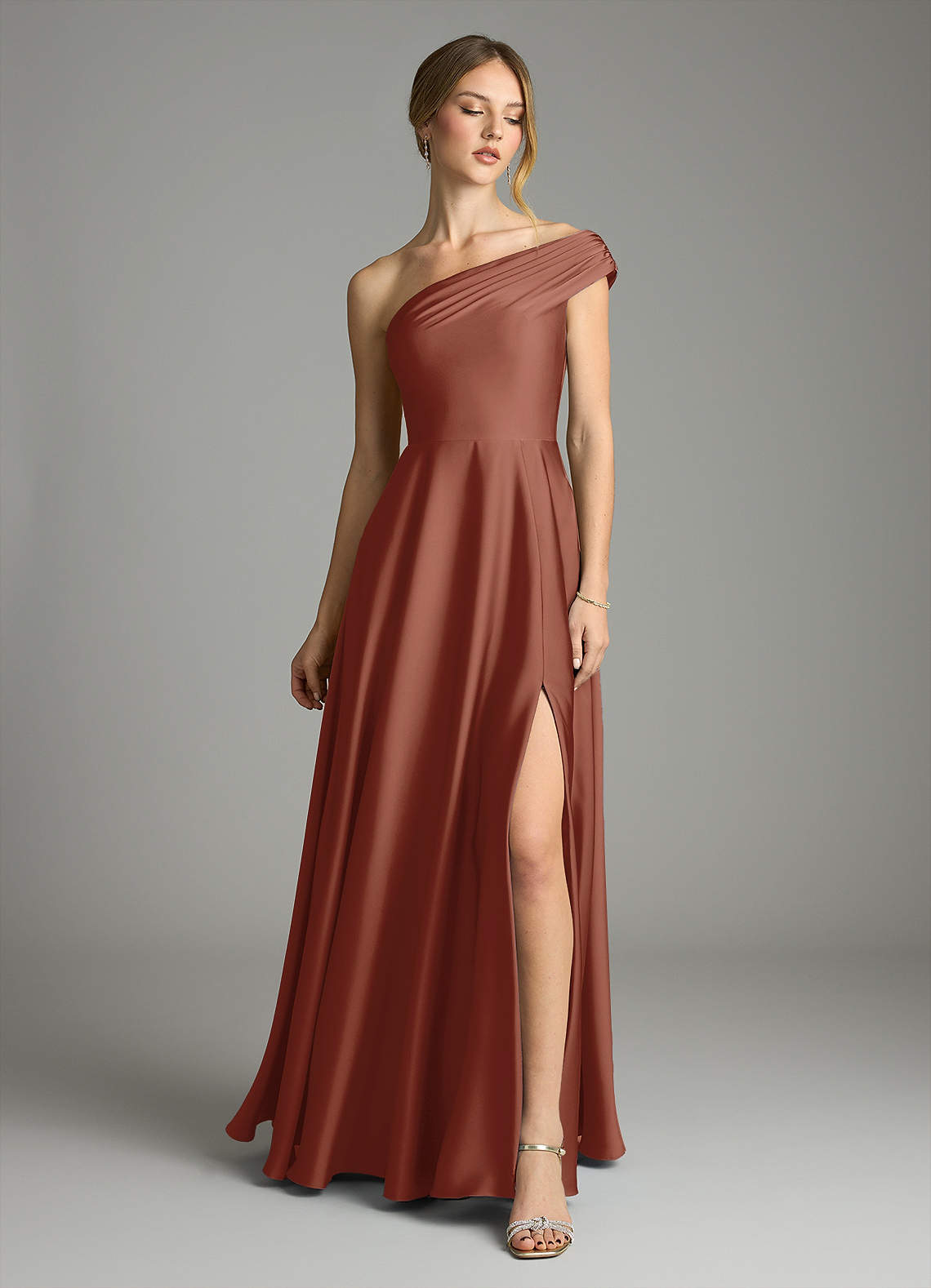 Melanie A-Line One-Shoulder Stretch Satin Bridesmaid Dress in Auburn