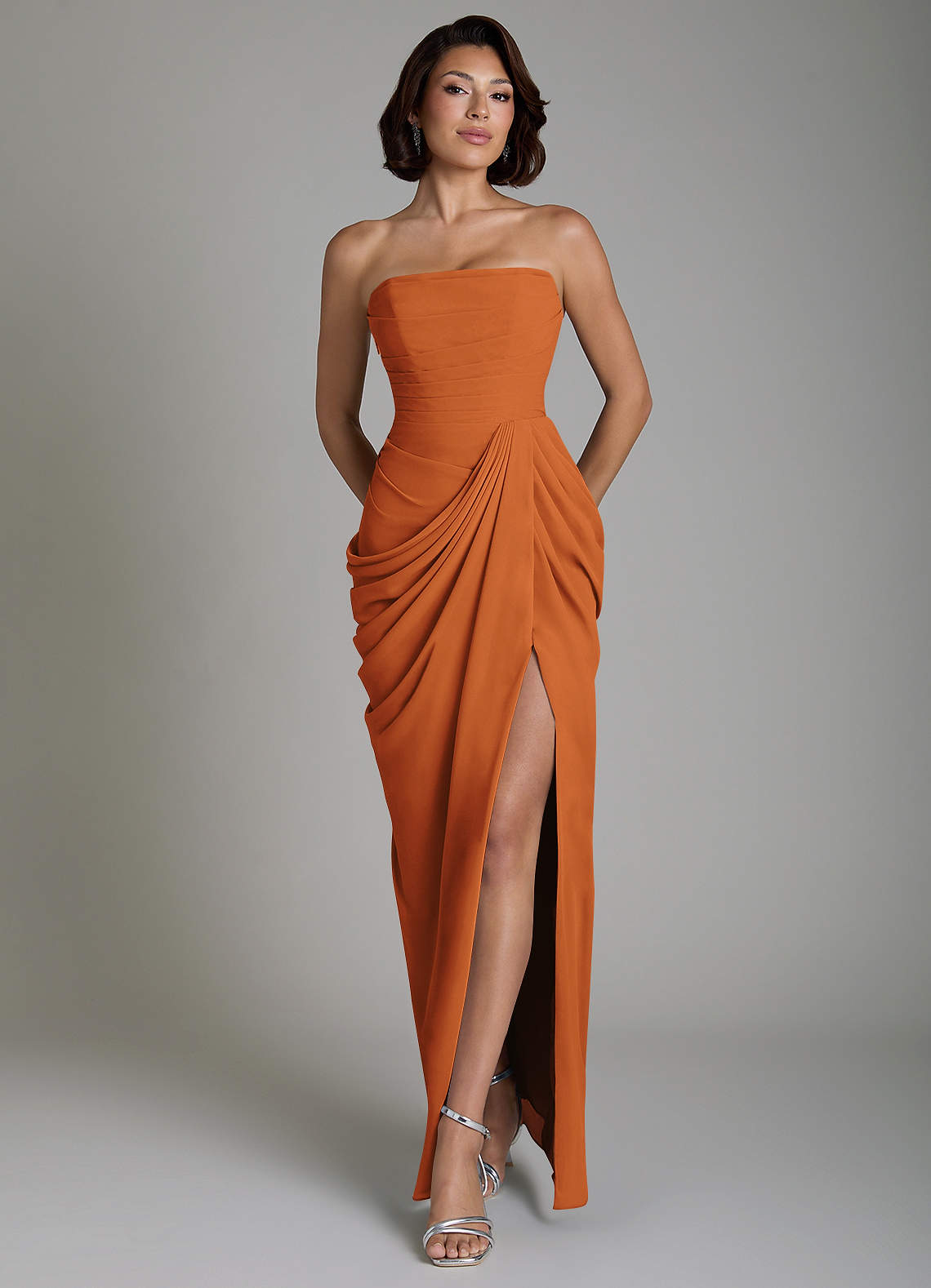 Nyra Sheath Strapless Chiffon Bridesmaid Dress in Cinnamon