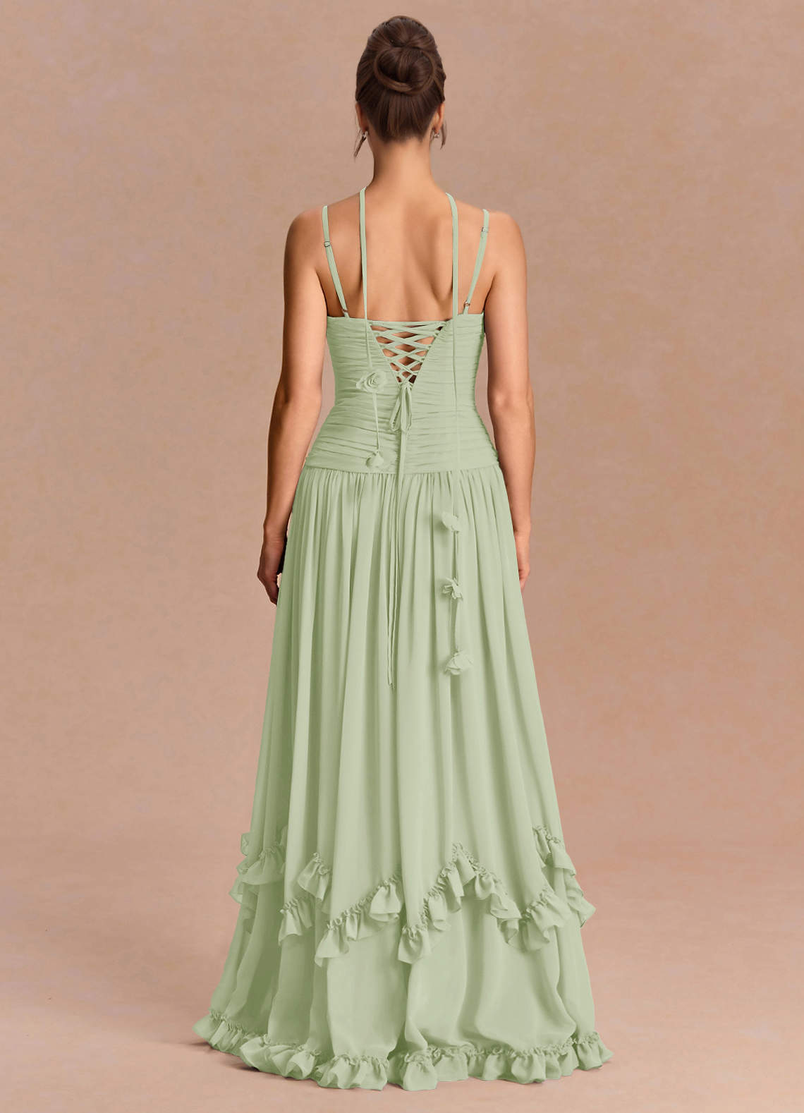 Eulalie A-Line Floral-Appliqué Chiffon Evening Dress in Light Green