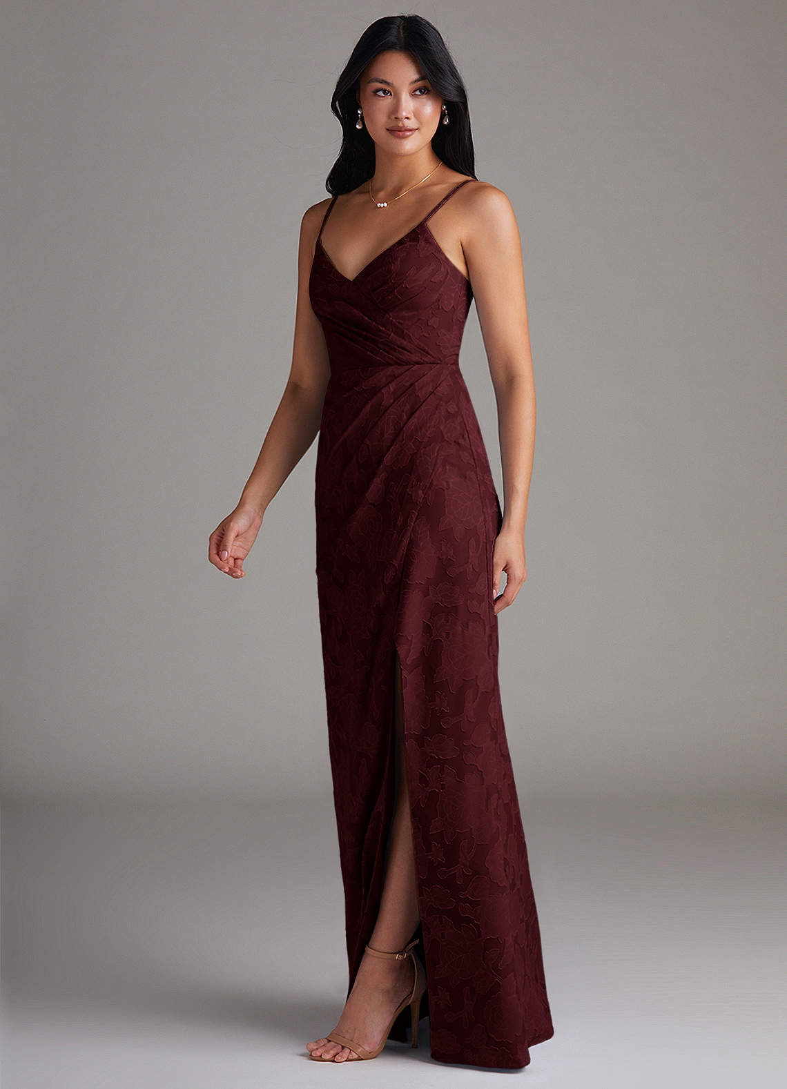 Maci Sheath V-Neck Floral Burnout Bridesmaid Dress in Cabernet