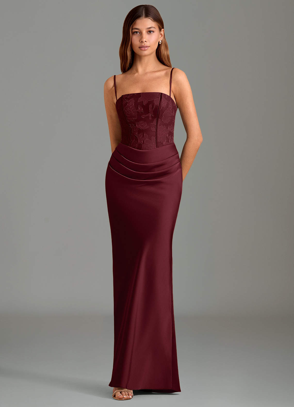 Emilia Mermaid Strapless Stretch Satin and Floral Burnout Bridesmaid Dress in Cabernet