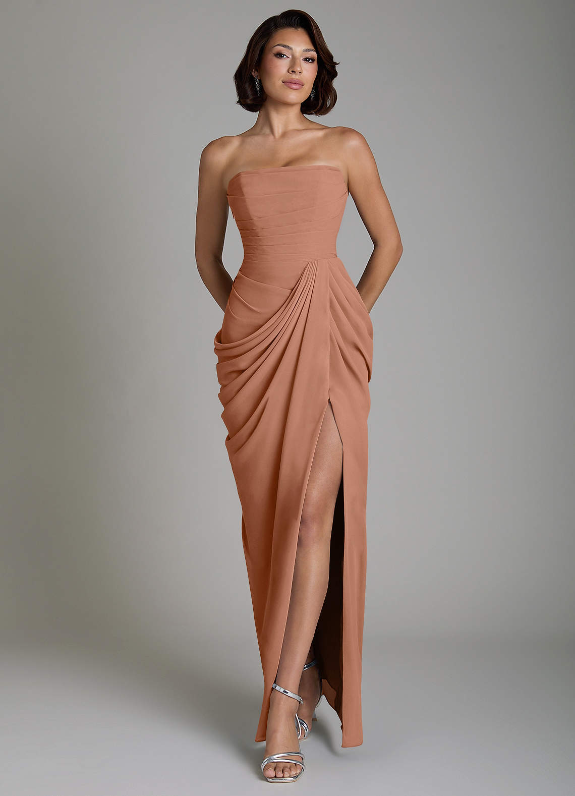 Nyra Sheath Strapless Chiffon Bridesmaid Dress in Bronzer