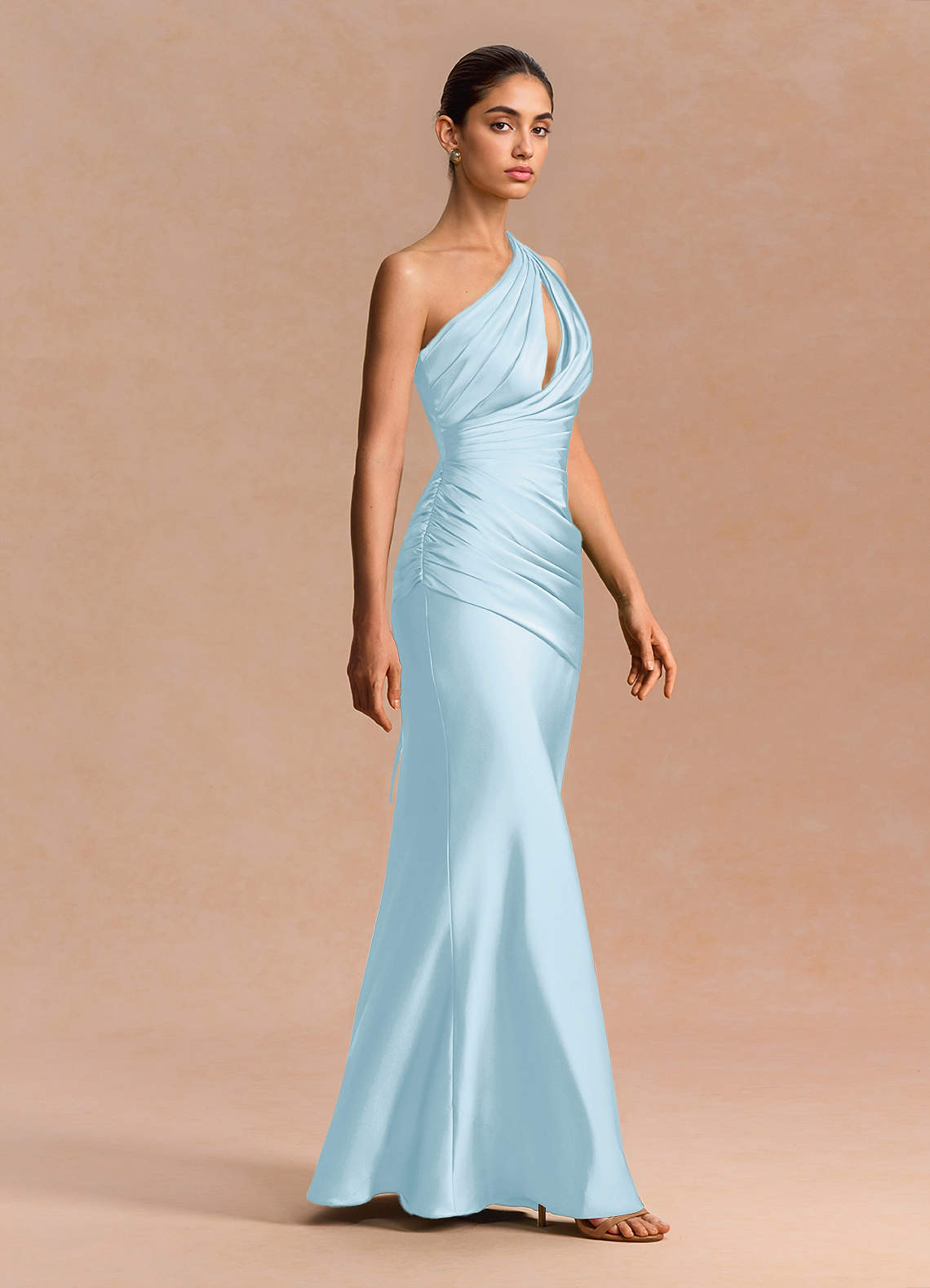 Guinevere One-Shoulder Cutout Stretch Satin Evening Dress in Light Blue