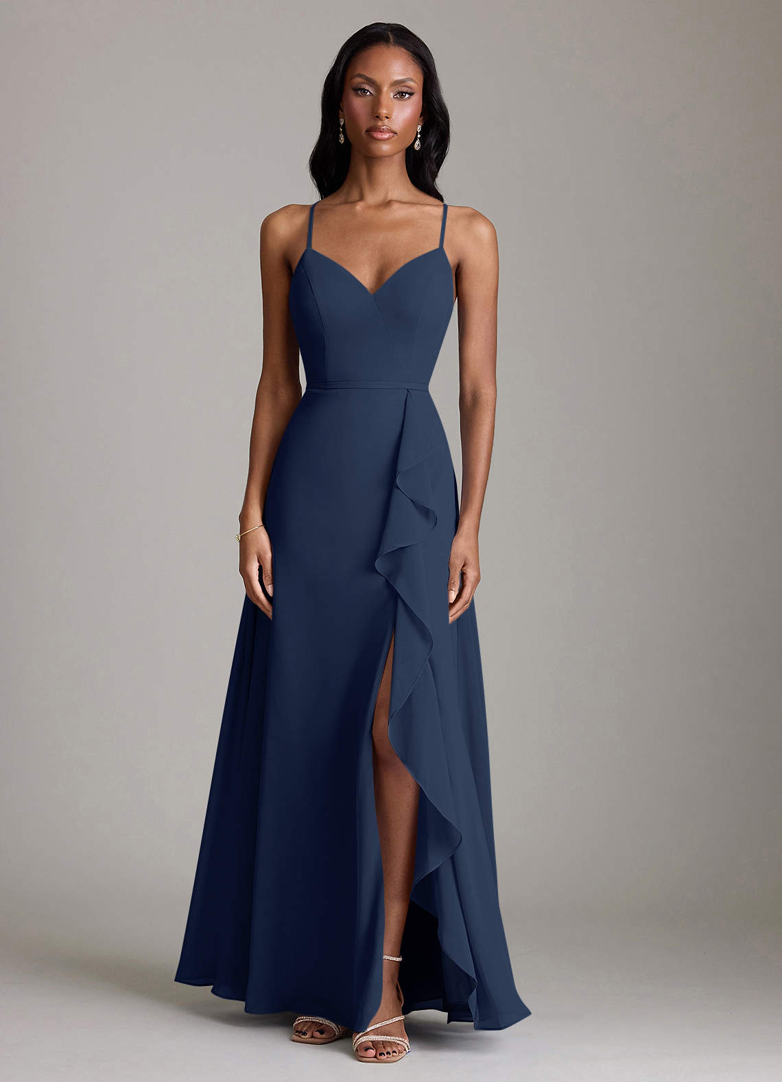 Naeem A-Line V-Neck Chiffon Bridesmaid Dress in Dark Navy