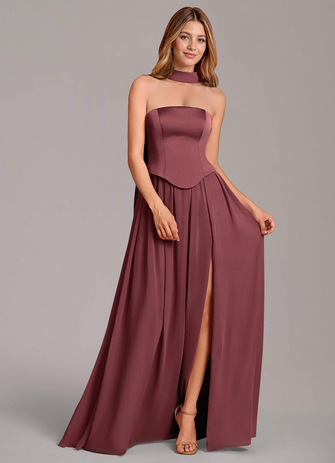 Cadence A-Line Strapless Chiffon and Stretch Satin Bridesmaid Dress in Merlot