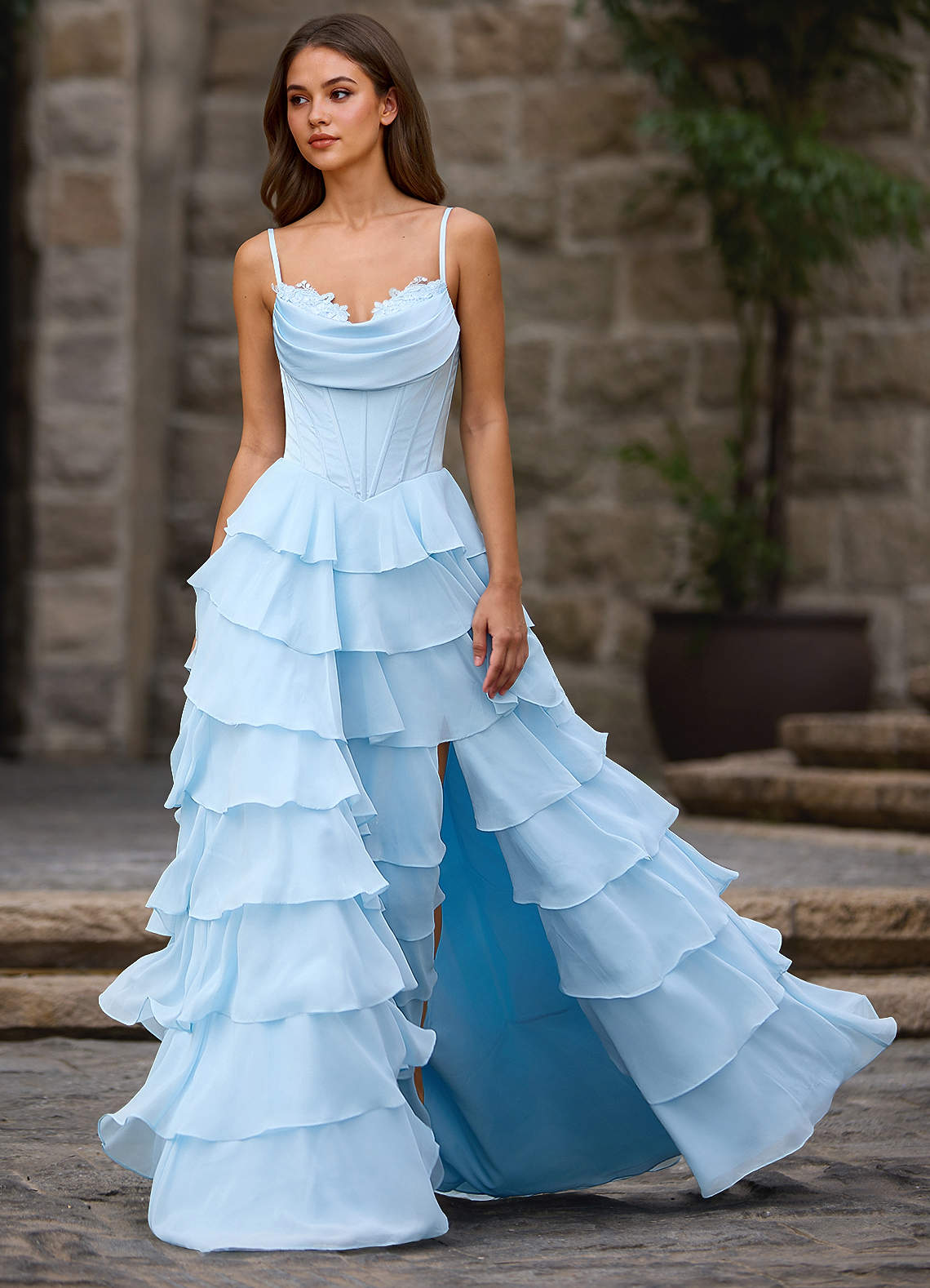 Floralace A-Line Ruffle Chiffon Evening Dress in Sky Blue