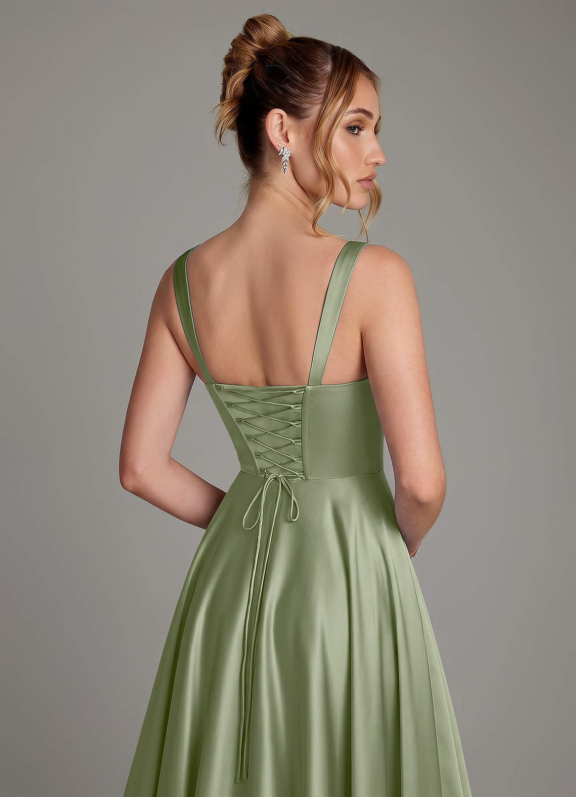 Azaria A-Line Square-Neck Stretch Satin Bridesmaid Dress in Pistachio