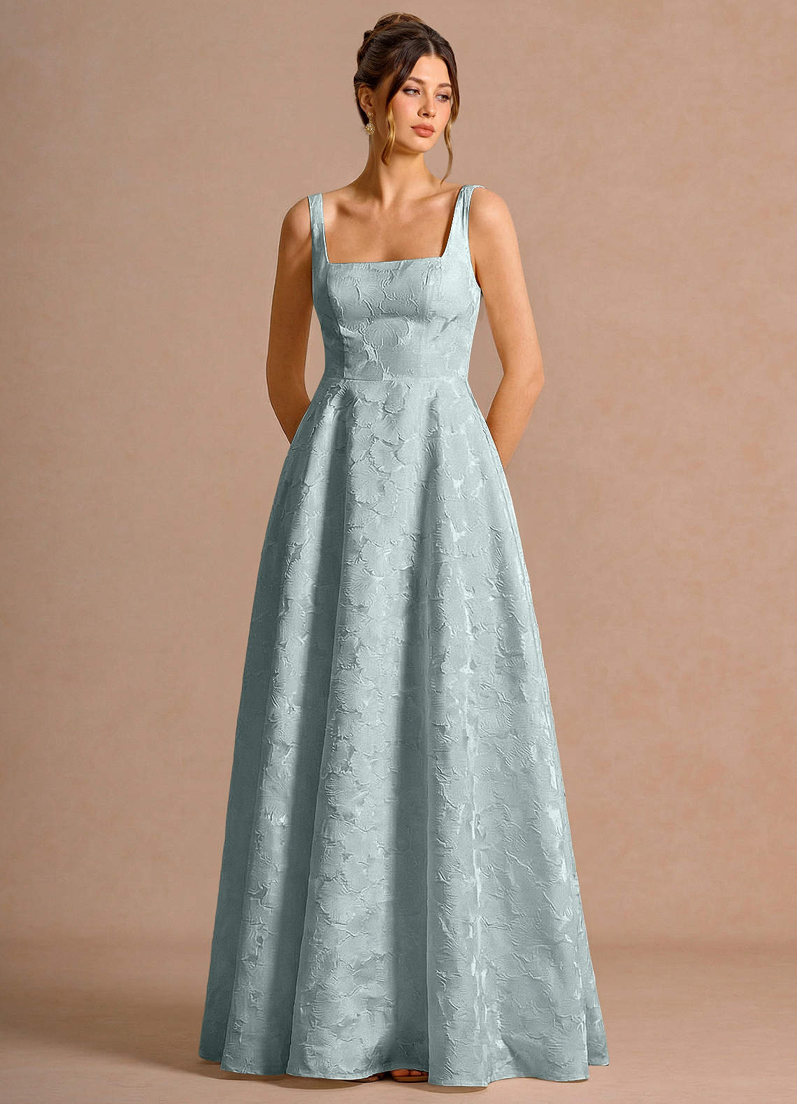 Effie A-Line Square-Neck Jacquard Evening Dress in French Blue