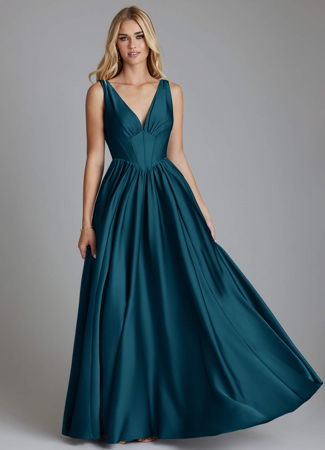 Delmie A-Line V-Neck Stretch Satin Bridesmaid Dress in Ink Blue