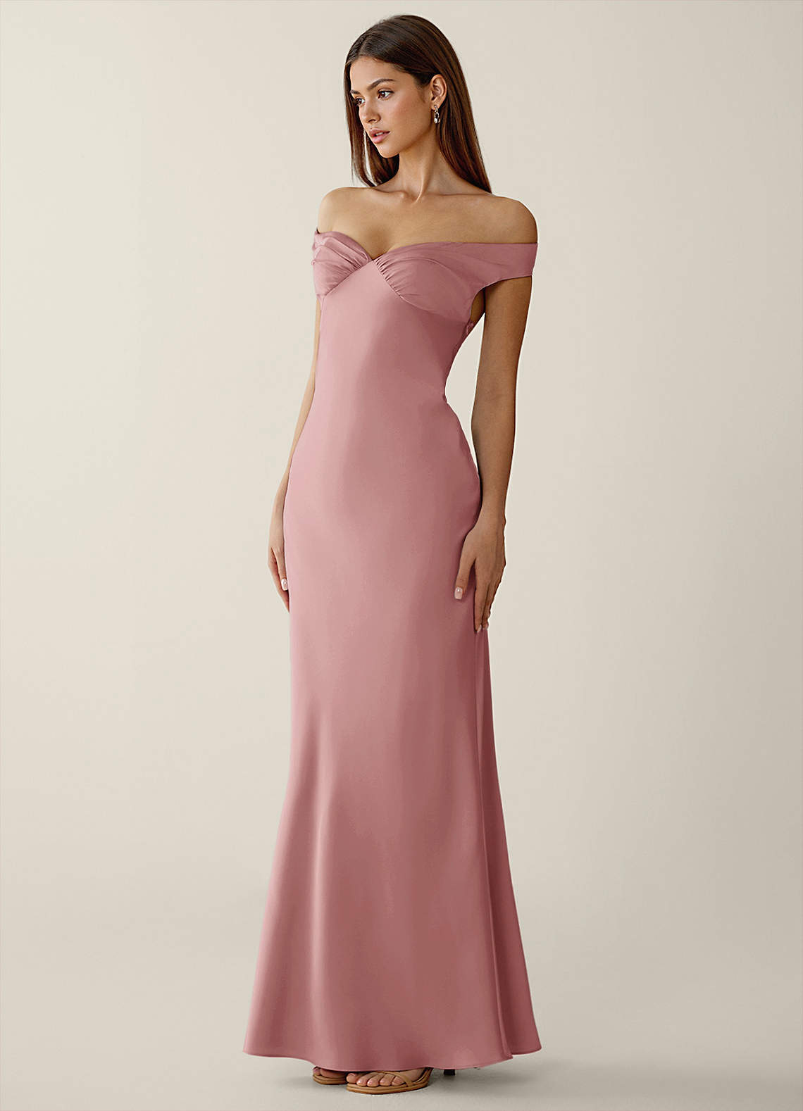 Gwendonme Sheath Off-the-Shoulder Satin Crystal Linen Evening Dress in Dusty Pink