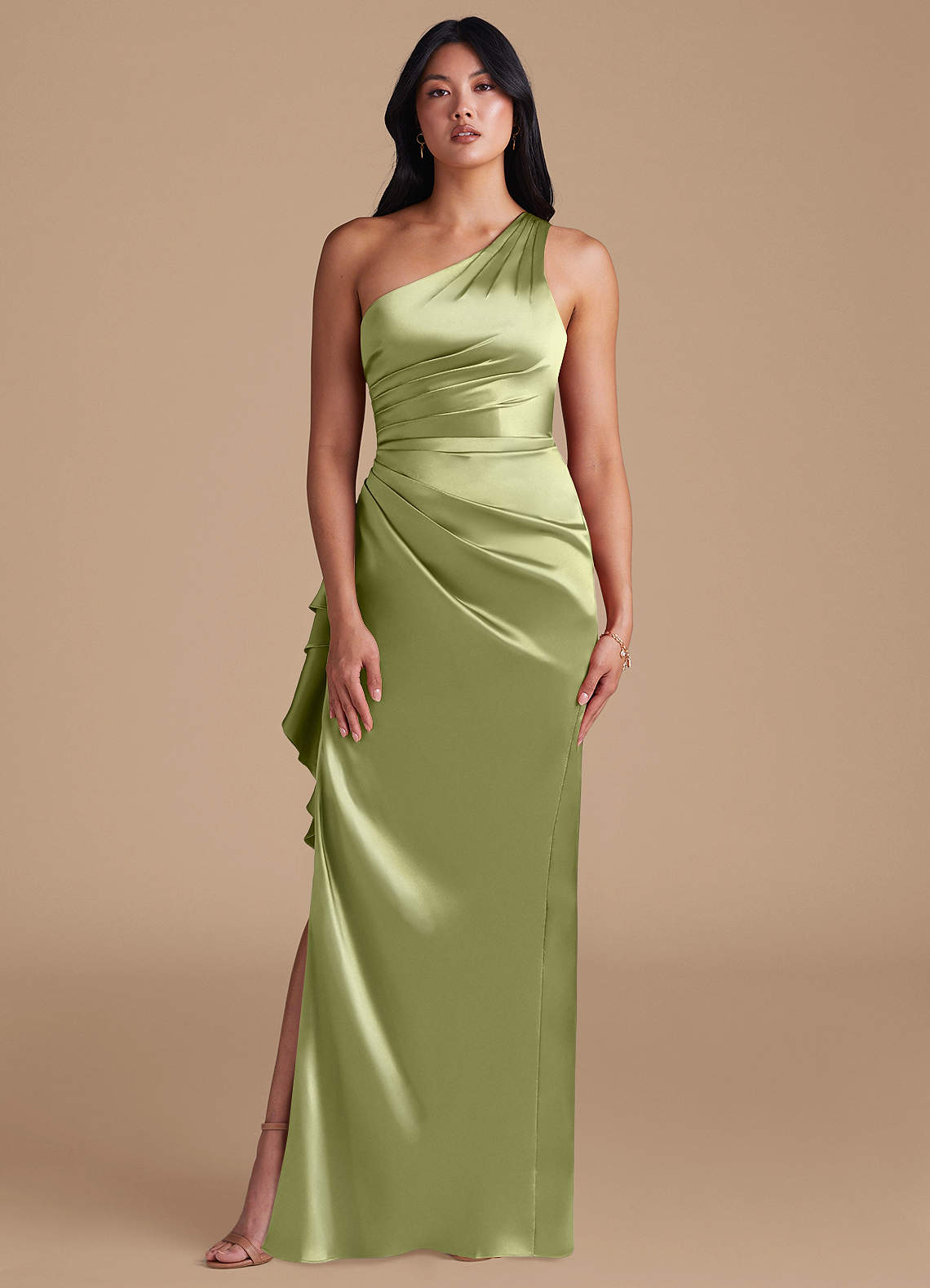 Latrice Sheath One-Shoulder Metallic Satin Bridesmaid Dress in Pistachio