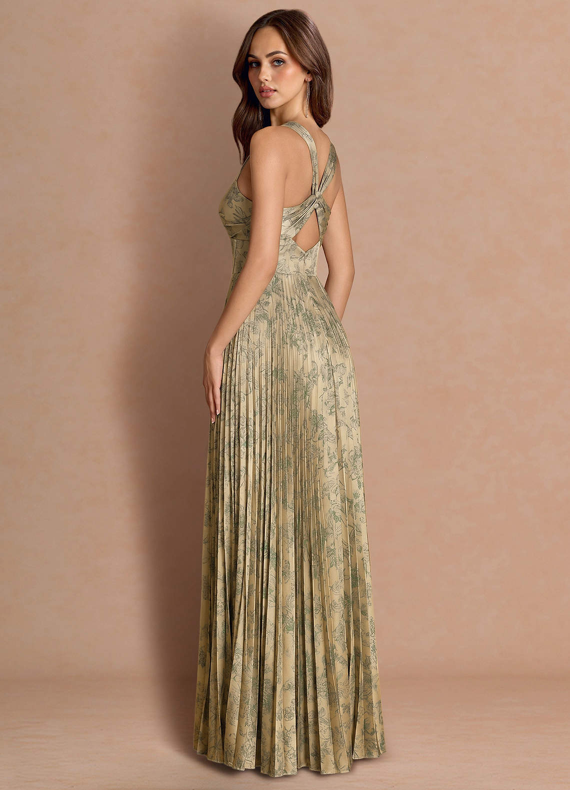 Tatiana A-Line Square-Neck Jacquard Wedding Guest Dress in Green Brown