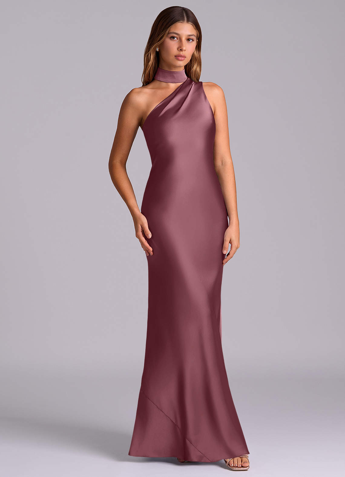 Seona Mermaid One-Shoulder Stretch Satin and Tulle Bridesmaid Dress in Desert Rose