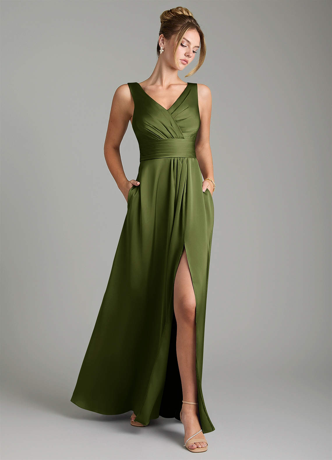 Karina A-Line V-Neck Stretch Satin Bridesmaid Dress in Olive