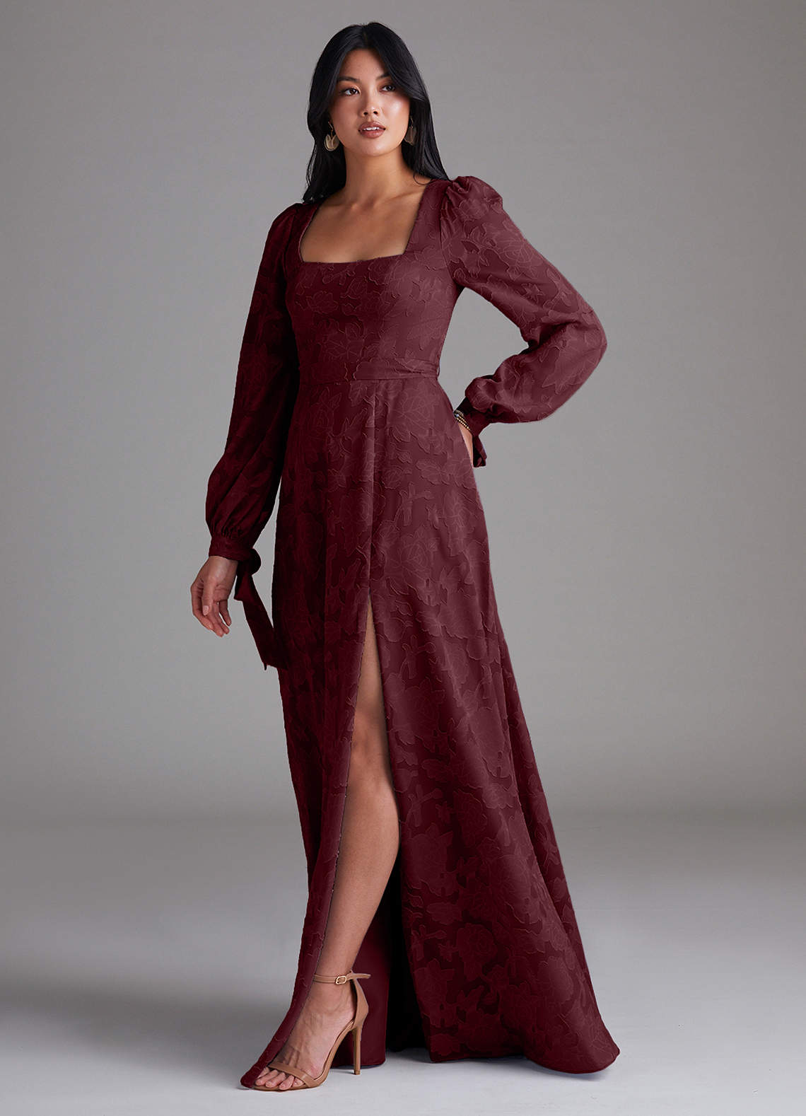Leonia A-Line Square-Neck Stretch Satin Bridesmaid Dress in Cabernet