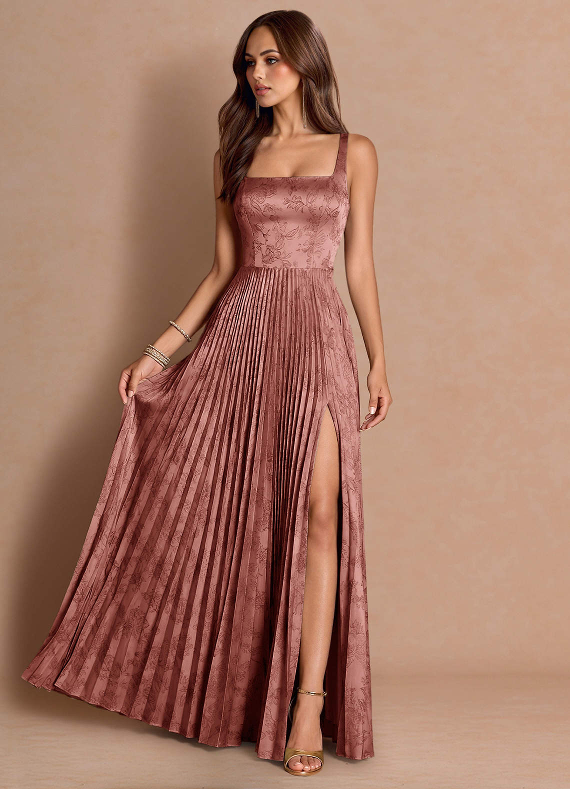 Tatiana A-Line Square-Neck Jacquard Wedding Guest Dress in Moss Navy