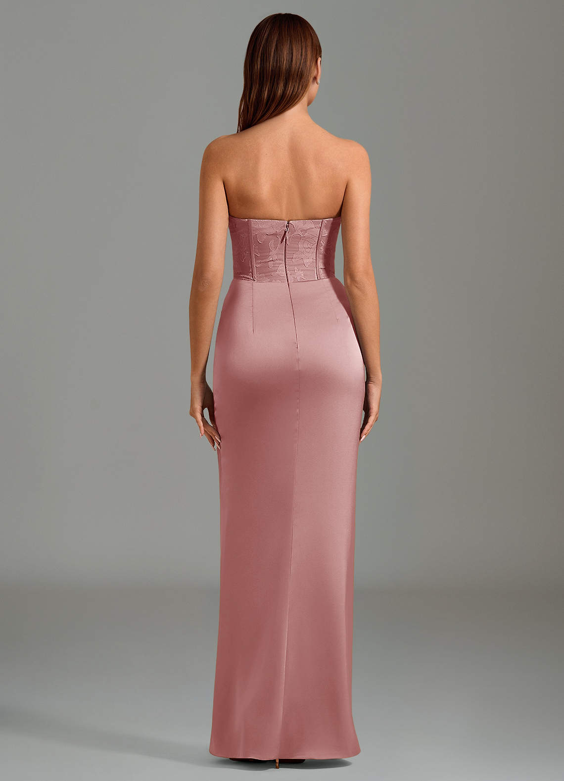 Emilia Mermaid Strapless Stretch Satin and Floral Burnout Bridesmaid Dress in dusty rose