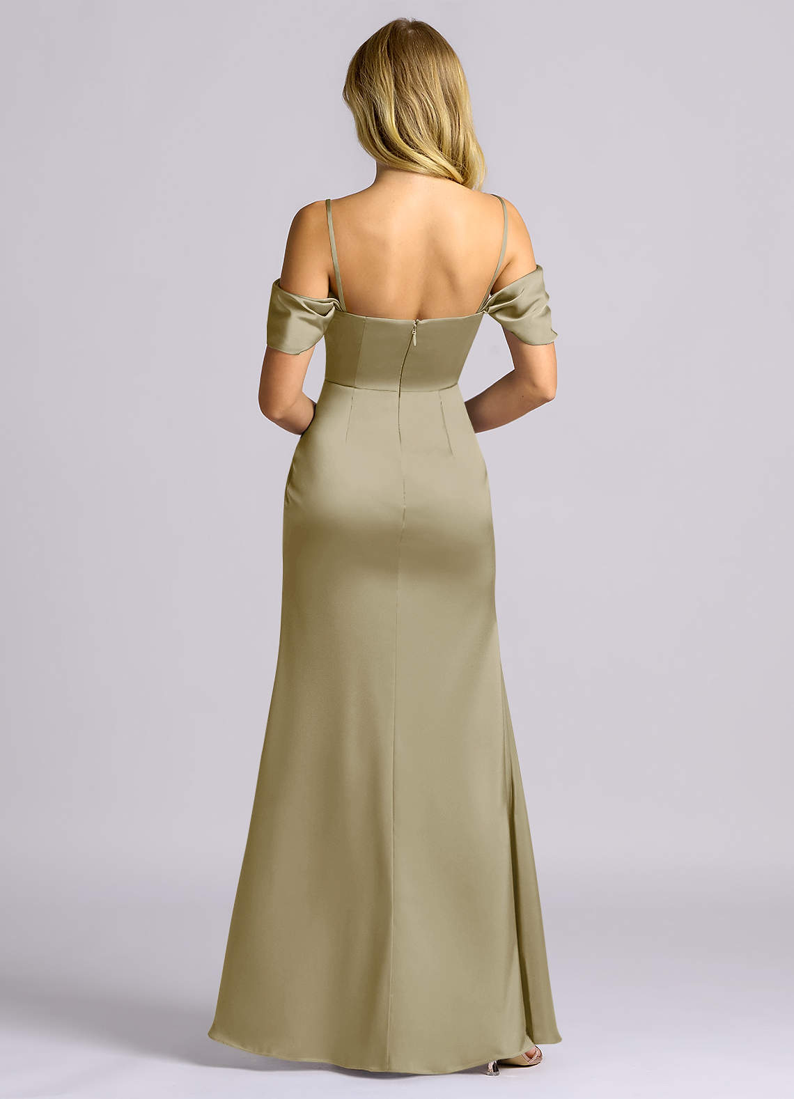 Auden Sheath Off-the-Shoulder Stretch Satin Bridesmaid Dress in Moss Green