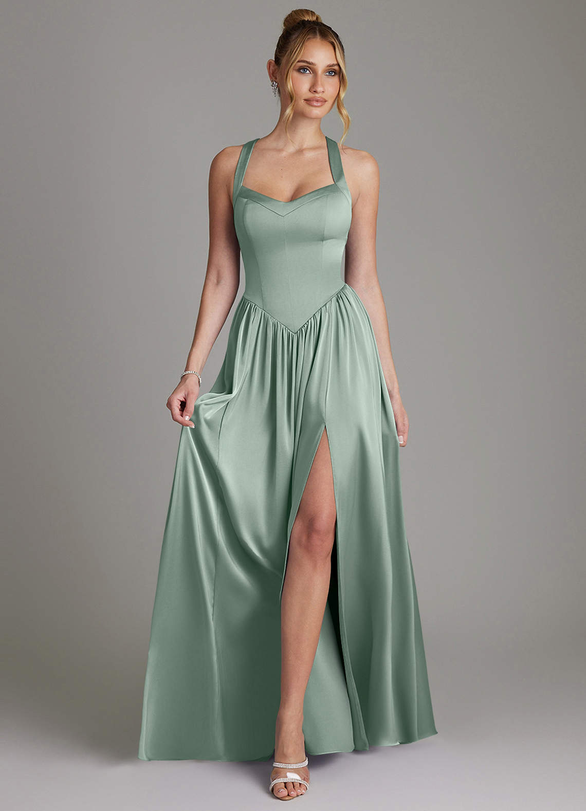 Francis A-Line V-Neck Stretch Satin Bridesmaid Dress in Agave