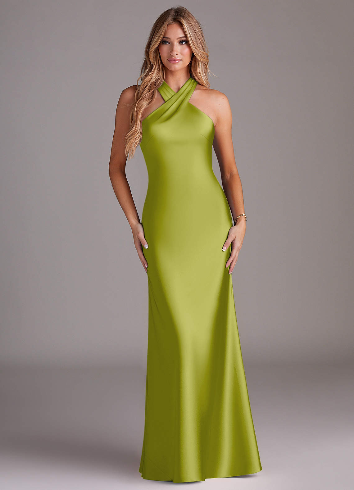 Doretta Mermaid Halter Stretch Satin Bridesmaid Dress in Lemongrass