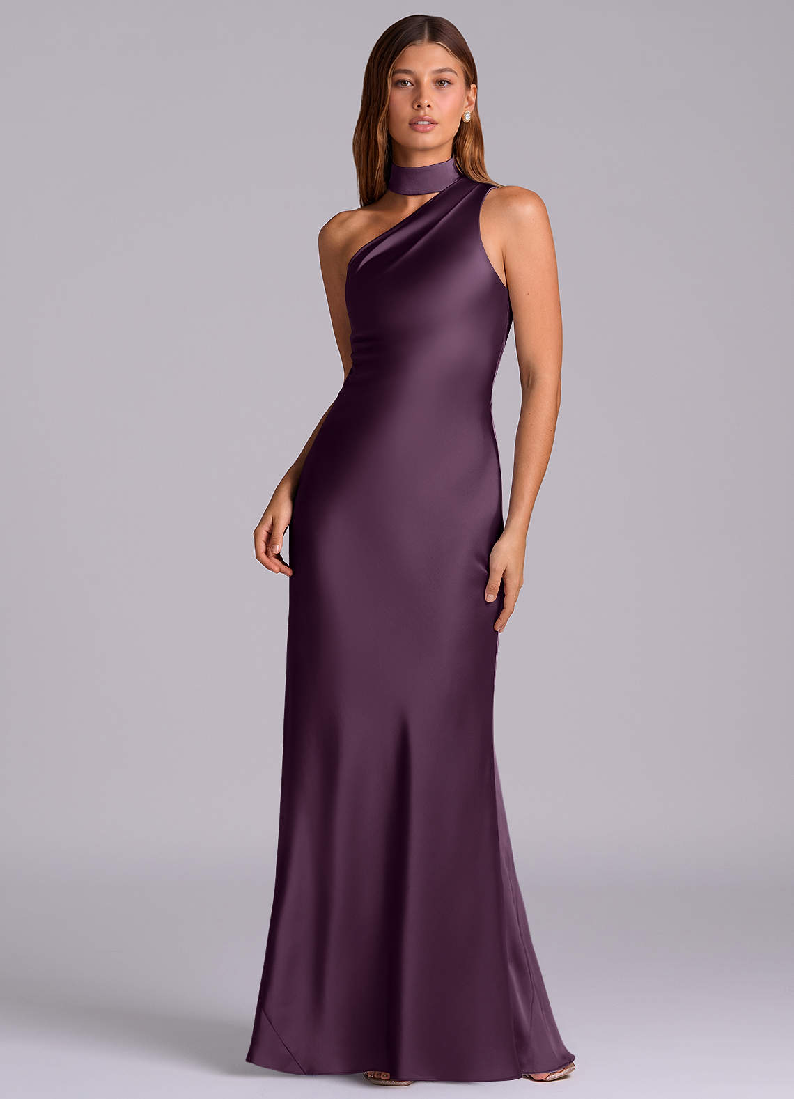 Seona Mermaid One-Shoulder Stretch Satin and Tulle Bridesmaid Dress in Plum