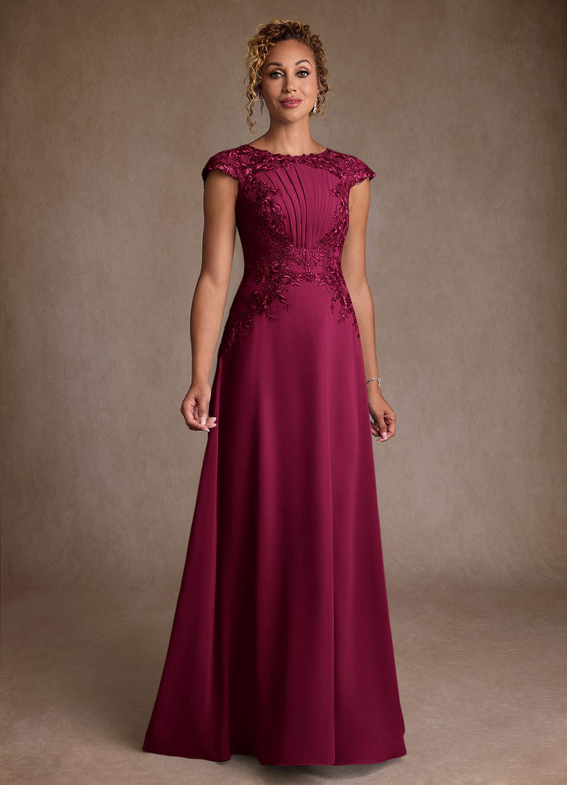 Christi A-Line Scoop-Neck Chiffon and Lace Mother of the Bride Dress in Burgundy