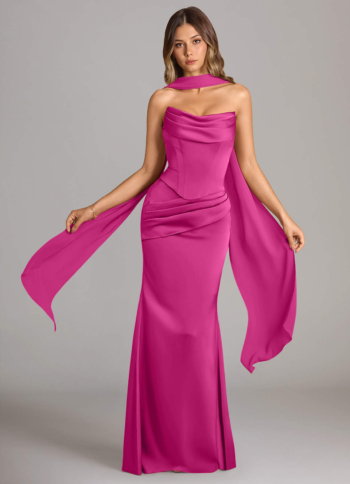 Sorrel Mermaid Cowl-Neck Stretch Satin and Chiffon Bridesmaid Dress in Fuchsia
