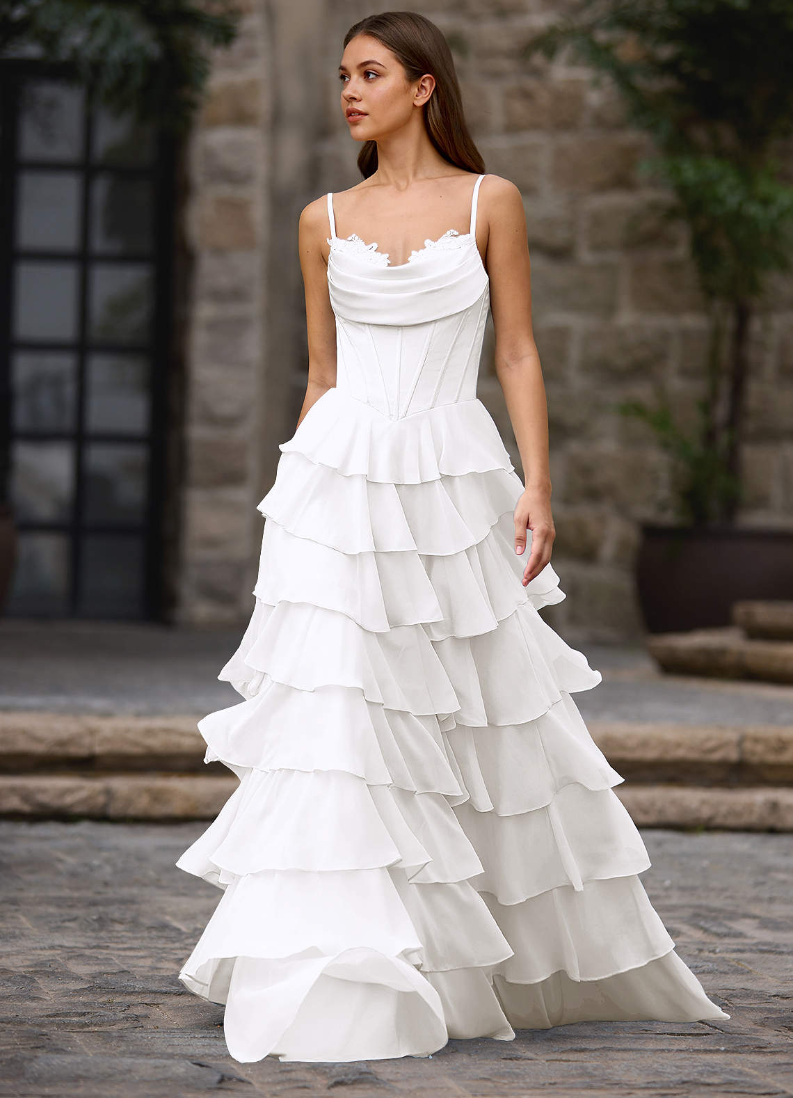 Floralace A-Line Ruffle Chiffon Evening Dress in Vanilla
