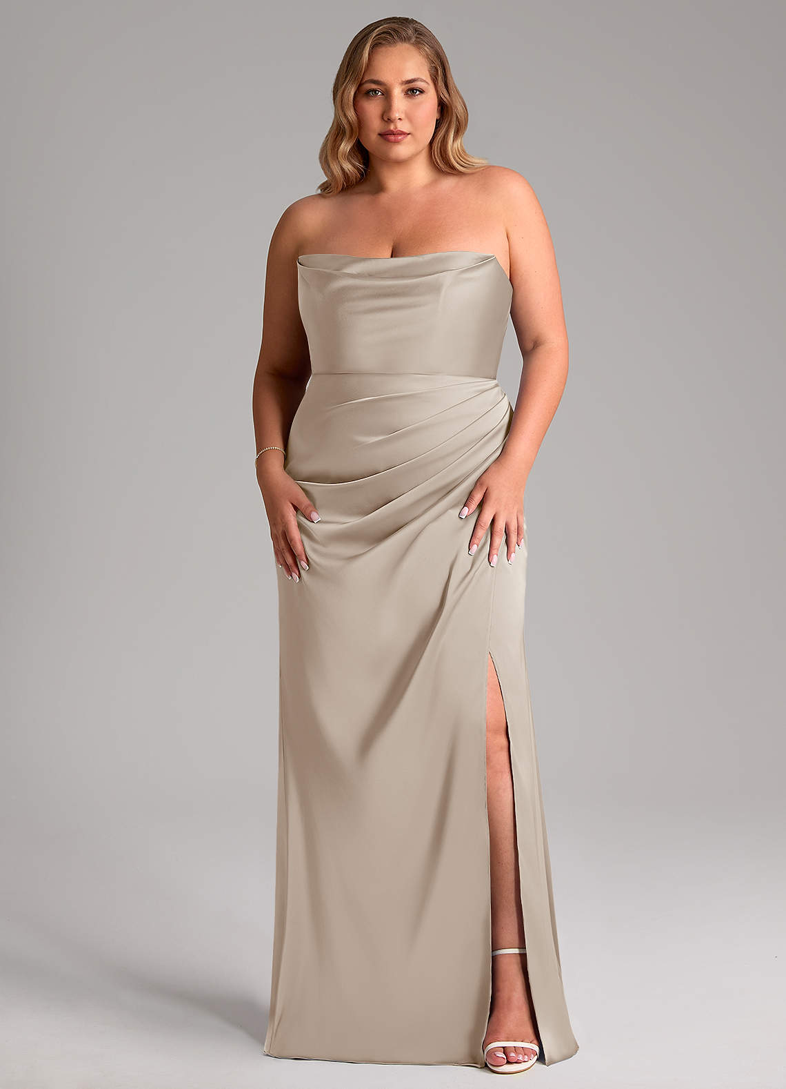 Leonis Mermaid Cowl-Neck Stretch Satin Bridesmaid Dress in Frost