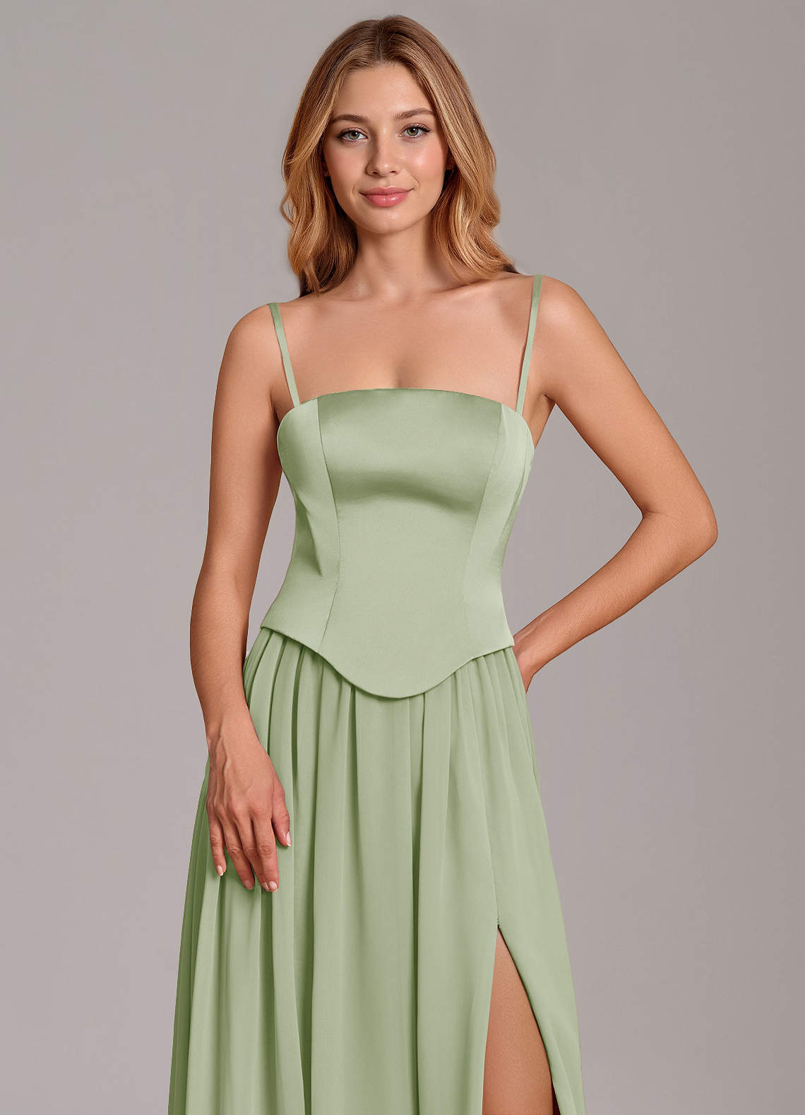 Cadence A-Line Strapless Chiffon and Stretch Satin Bridesmaid Dress in Dusty Sage