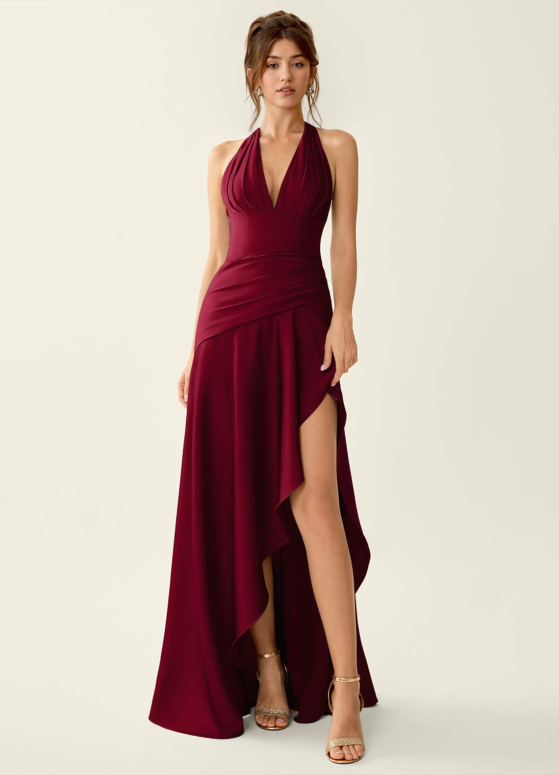 Titania Halter Asymmetric-Ruffle Satin Evening Dress in Merlot