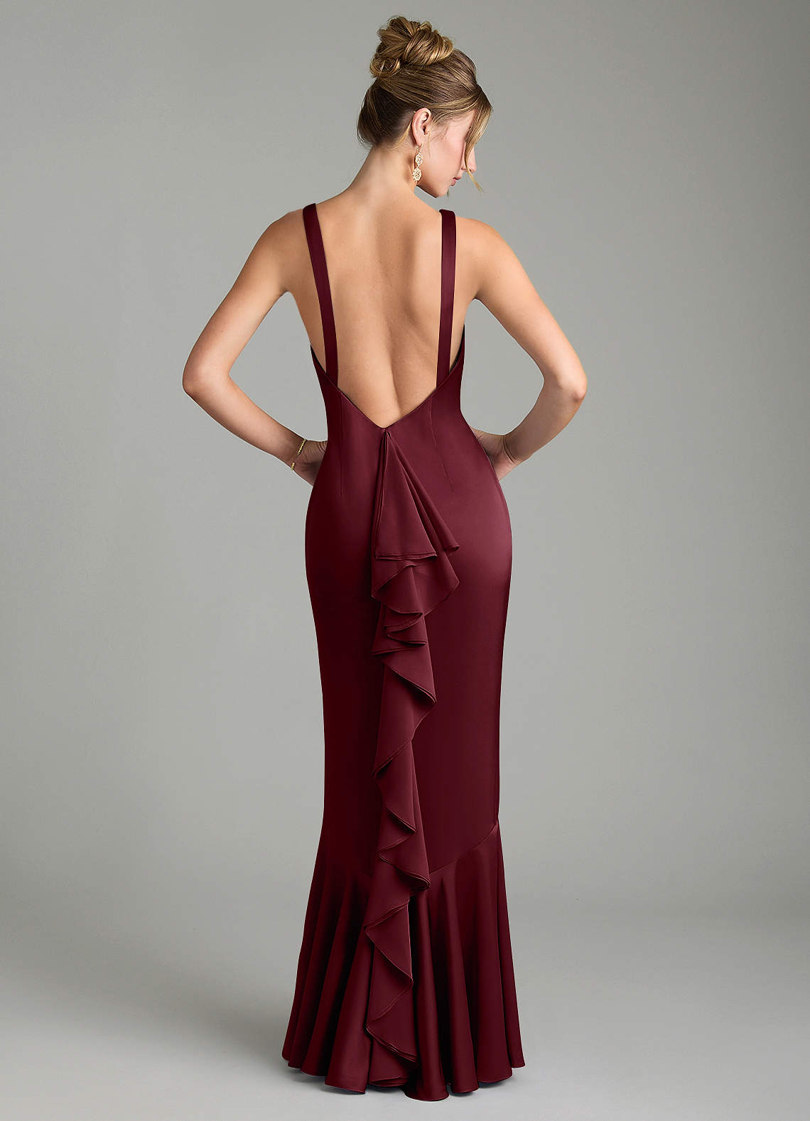 Tamera Mermaid Boat-Neck Stretch Satin and Chiffon Bridesmaid Dress in Cabernet